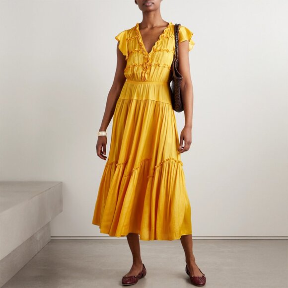 La Ligne Dresses & Skirts - La Ligne Pintucked Ruffled Satin Midi Dress in Marigold Size S